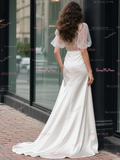 Scoop Trumpet Mermaid Satin Puffy Sleeve Wedding Dress With Pockets