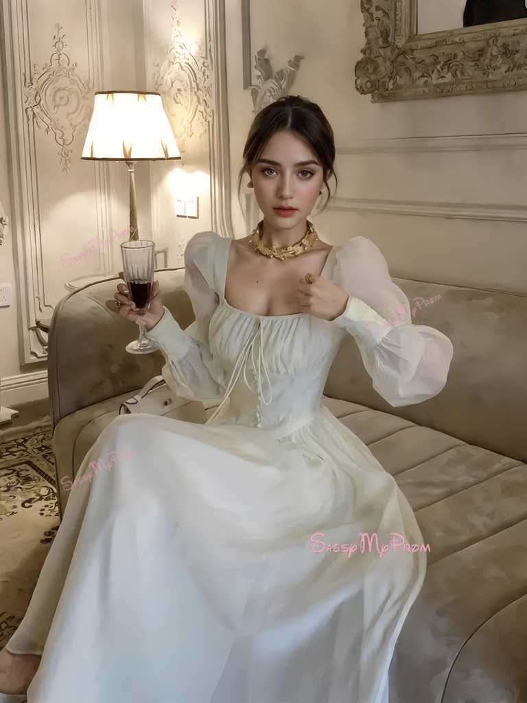 Chiffon Puffy Sleeves Flowy Ivory Corset Dress Sassymyprom Chiffon Puffy Sleeves Flowy Ivory Corset Dress Sassymyprom
