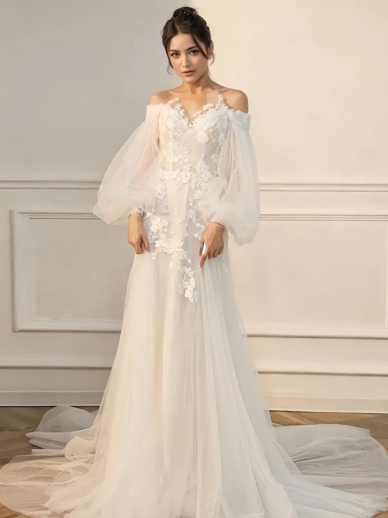 A Line Lace Appliques Long Sleeve Wedding Dress Custom Made / As the picture A Line Lace Appliques Long Sleeve Wedding Dress Custom Made / As the picture