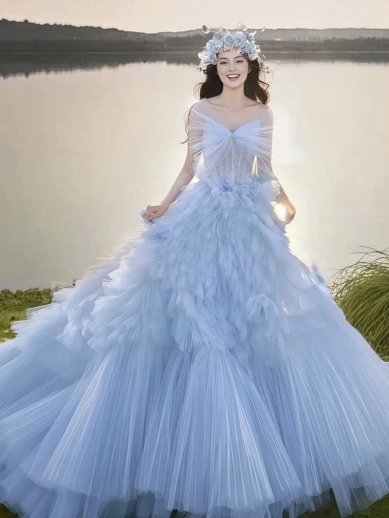 Bow Layers A Line Tulle Blue Strapless Prom Dress Sassymyprom Bow Layers A Line Tulle Blue Strapless Prom Dress Sassymyprom