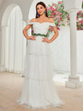 Layer Tulle Belt Lace Off The Shoulder Wedding Dress