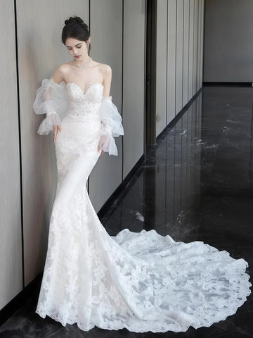 Trumpet Mermaid Sweetheart Lace Puffy Sleeve Wedding Dress