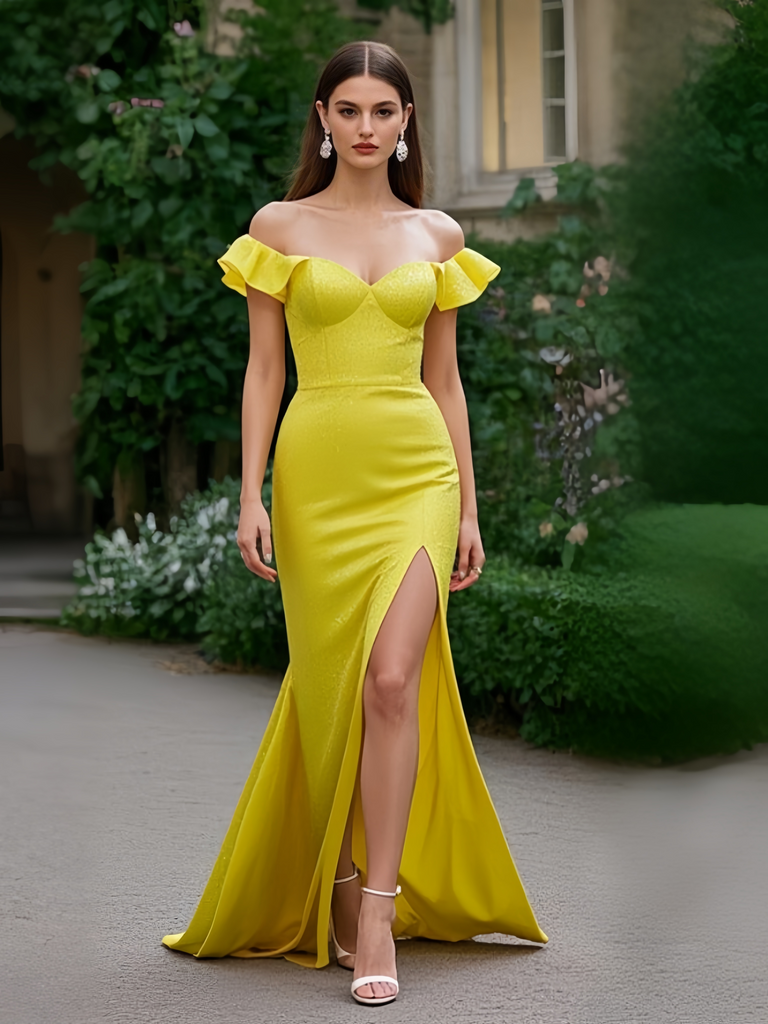 Backless Trumpet Mermaid Yellow Sequin Ruffles Prom Dress With Slit Sassymyprom Backless Trumpet Mermaid Yellow Sequin Ruffles Prom Dress With Slit Sassymyprom