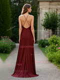V Neck Satin A Line Burgundy Ruched Prom Dress With Slit