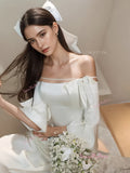 Off The Shoulder Trumpet Mermaid Satin Half Sleeve Bow Wedding Dress