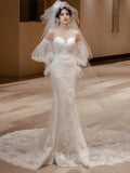 Trumpet Mermaid Sweetheart Lace Puffy Sleeve Wedding Dress
