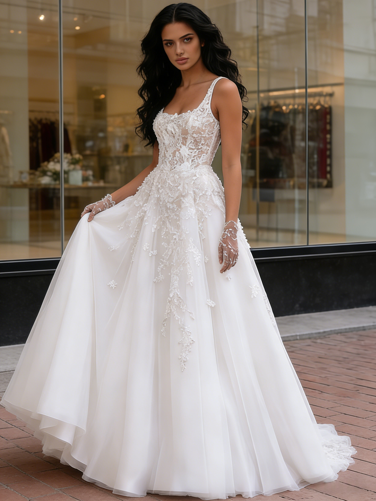 Appliques A Line Tulle Straps Square Wedding Dress Sassymyprom Appliques A Line Tulle Straps Square Wedding Dress Sassymyprom