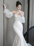 Trumpet Mermaid Sweetheart Lace Puffy Sleeve Wedding Dress