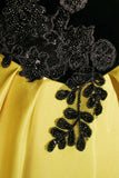 Satin Black Appliques Yellow A Line Prom Dress