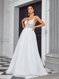 V Neck Sheer Backless Tulle A Line Wedding Dress