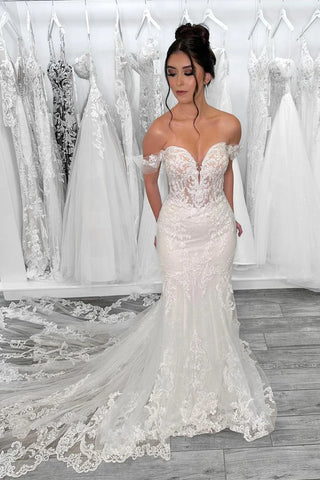 Sheer Off The Shouder Lace Mermaid Wedding Dress