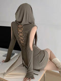 Open-Back Trendy Lace-Up Hooded Mini Dress