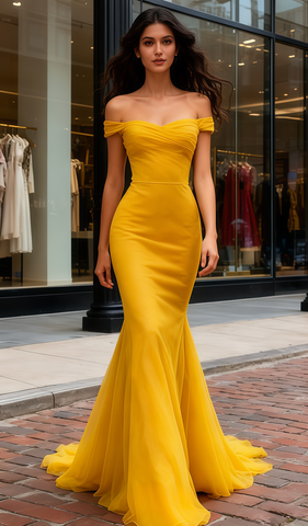Tulle Trumpet Mermaid Yellow Off The Shoulder Prom Dress
