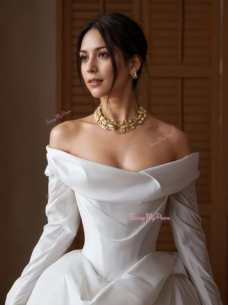 Ruched Satin A Line Elegant Off The Shoulder Wedding Dress