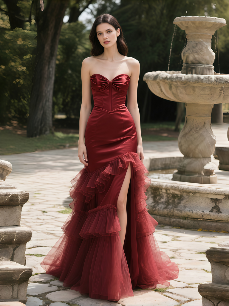 Sweetheart Corest Tulle Ruffles Burgundy Satin Prom Dress Sweetheart Corest Tulle Ruffles Burgundy Satin Prom Dress