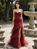 Sweetheart Corest Tulle Ruffles Burgundy Satin Prom Dress