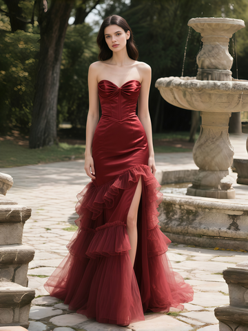 Sweetheart Corest Tulle Ruffles Burgundy Satin Prom Dress