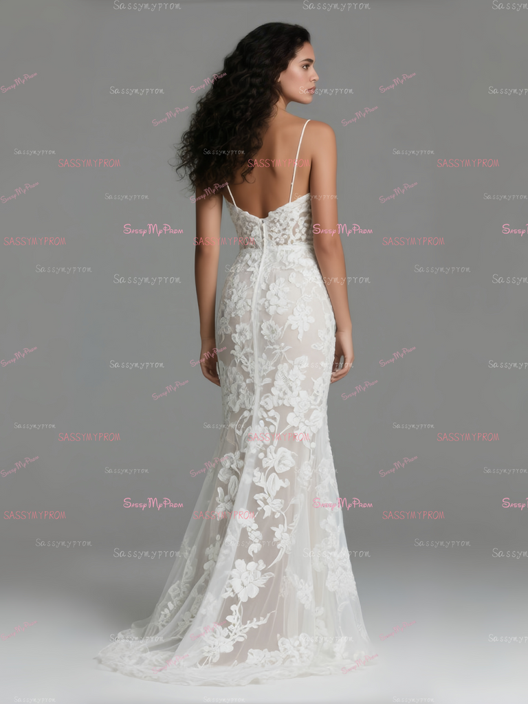 V Neck Lace Trumpet Mermaid Spaghetti Straps Wedding Dress  Sassymyprom