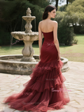 Sweetheart Corest Tulle Ruffles Burgundy Satin Prom Dress
