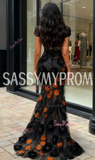 Sweetheart Beading Orange Black Cap Sleeves Flower Prom Dress
