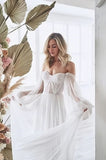 Tulle Off The Shoulder A Line Sheer Long Sleeve Wedding Dress