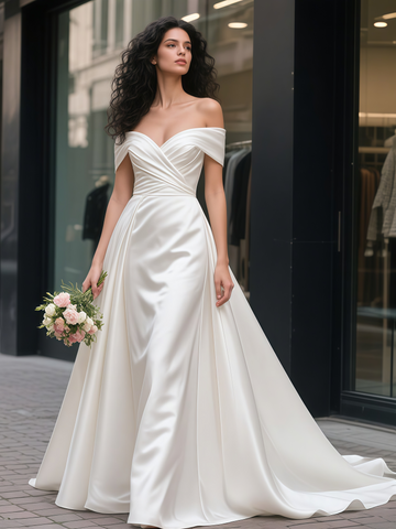 Off The Shoulder Ruched A Line Satin Simple Wedding Dress