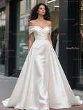 Off The Shoulder Ruched A Line Satin Simple Wedding Dress