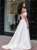 Off The Shoulder Ruched A Line Satin Simple Wedding Dress
