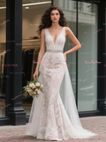 Beading Belt Trumpet Mermaid V Neck Lace Wedding Dress