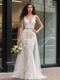 Beading Belt Trumpet Mermaid V Neck Lace Wedding Dress