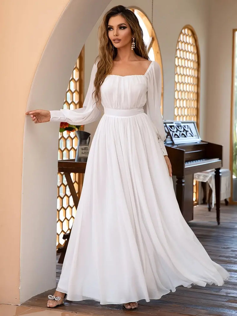 Square Neckline Long Sleeve White Chiffon Maxi Party Dress M