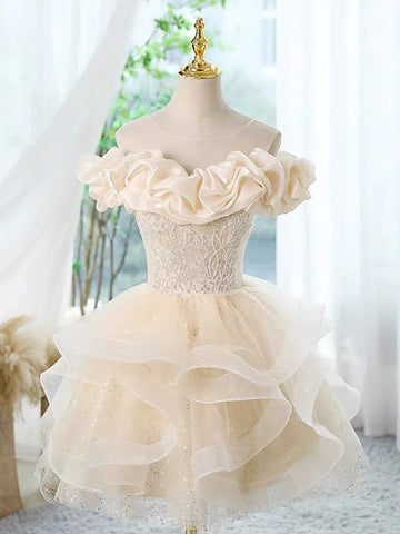 Ruffles Short Lace Up Champagne Tulle Homecoming Dress