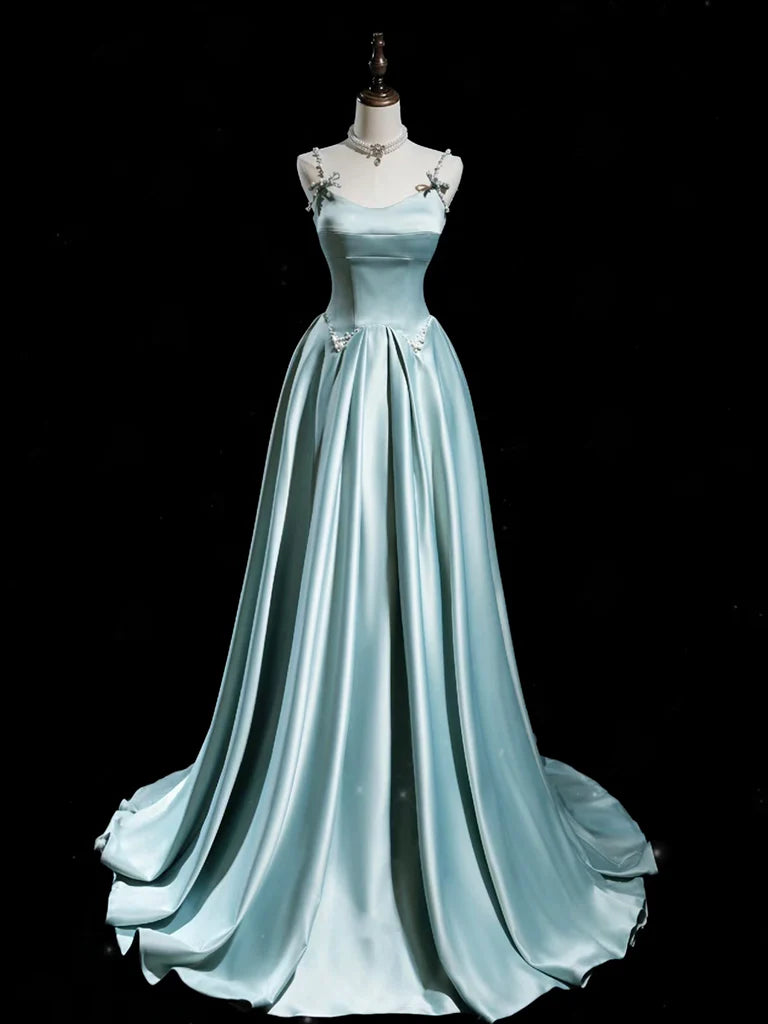 Spaghetti Straps Pearls Light Blue Satin A Line Prom Dress Sassymyprom Spaghetti Straps Pearls Light Blue Satin A Line Prom Dress Sassymyprom