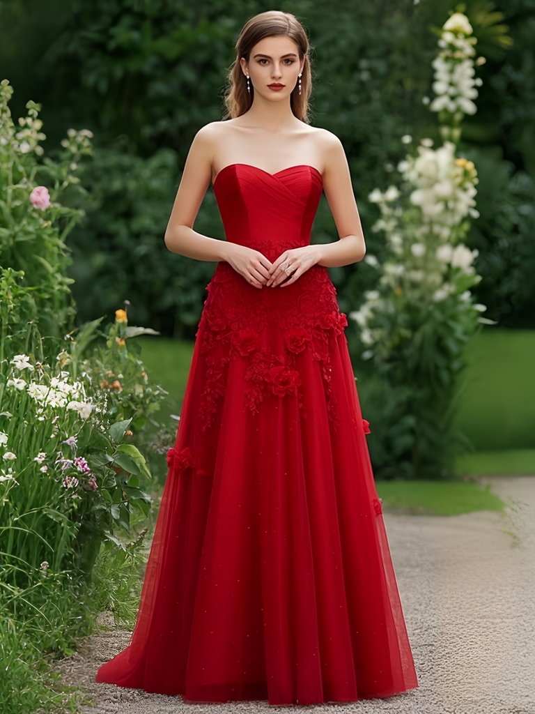 Tulle Flower Red Strapless A Line Prom Dress Tulle Flower Red Strapless A Line Prom Dress