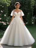 A Line Tulle Appliques Cap Sleeves Wedding Dress