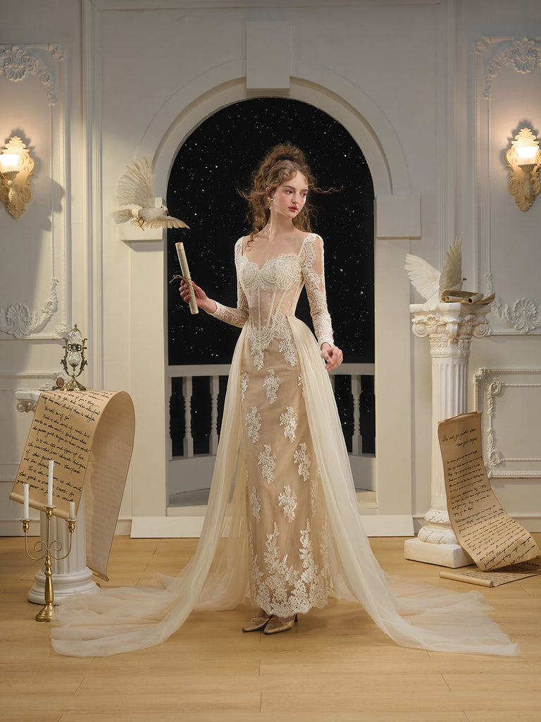 Square Neck Champagne Long Sleeves Lace Wedding Dress Sassymyprom Square Neck Champagne Long Sleeves Lace Wedding Dress Sassymyprom