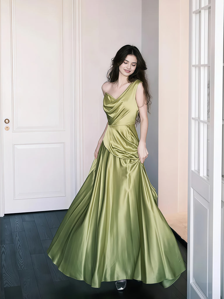 Olive Green Satin A Line One Shoulder Prom Dress Olive Green Satin A Line One Shoulder Prom Dress