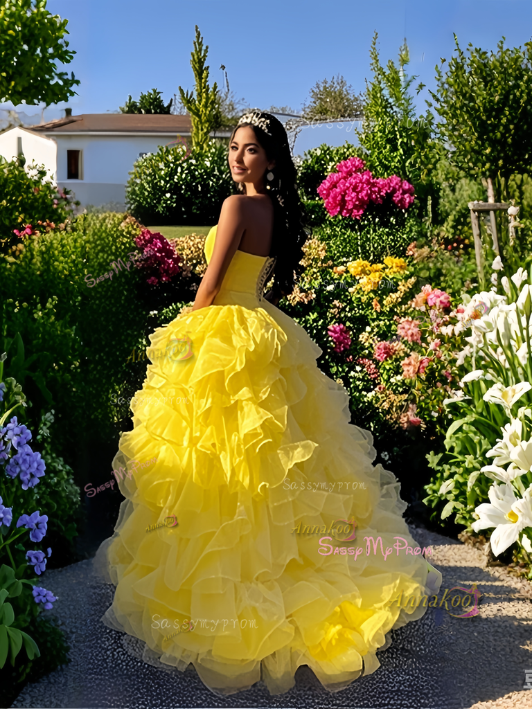 Yellow Tulle One Shoulder Pleats Beading Prom Dress main image 1