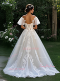 A Line Tulle Appliques Cap Sleeves Wedding Dress