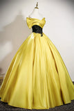 Satin Black Appliques Yellow A Line Prom Dress