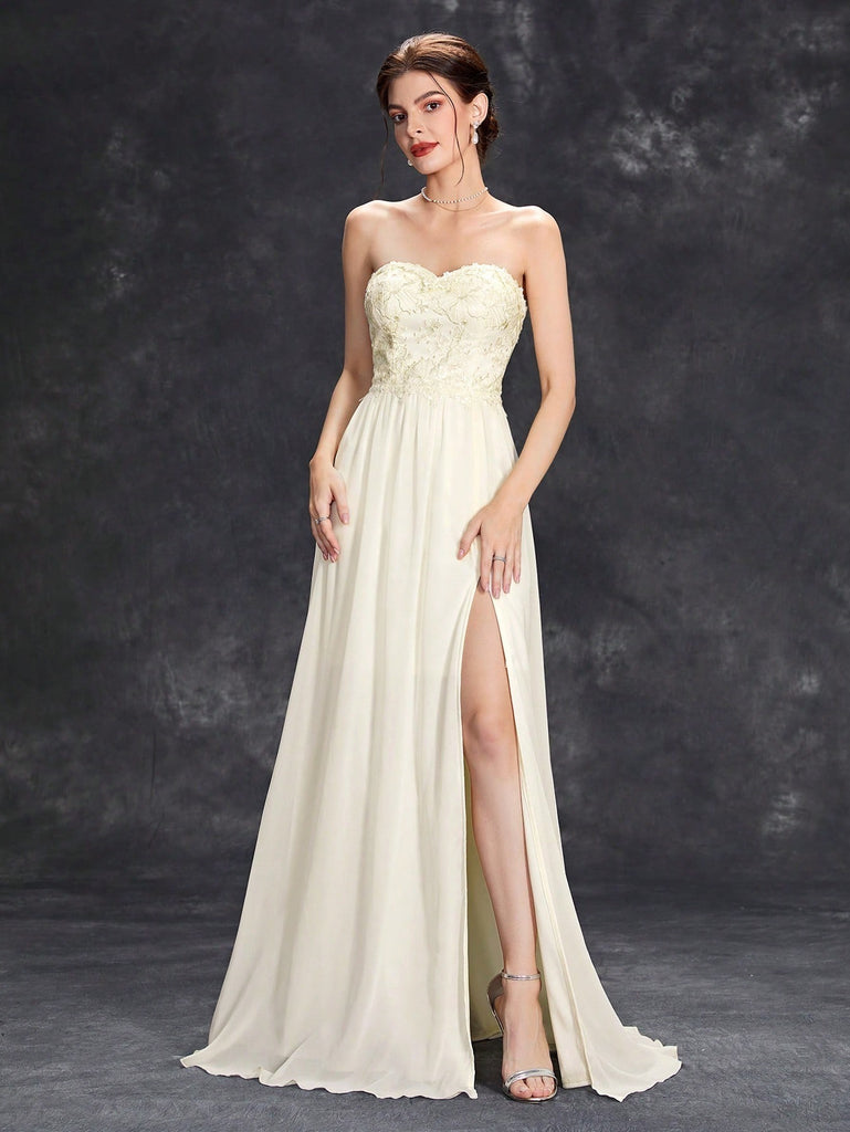 Chiffon Sweetheart A Line Appliques Wedding Dress With Slit US6 / Pink Chiffon Sweetheart A Line Appliques Wedding Dress With Slit US6 / Pink
