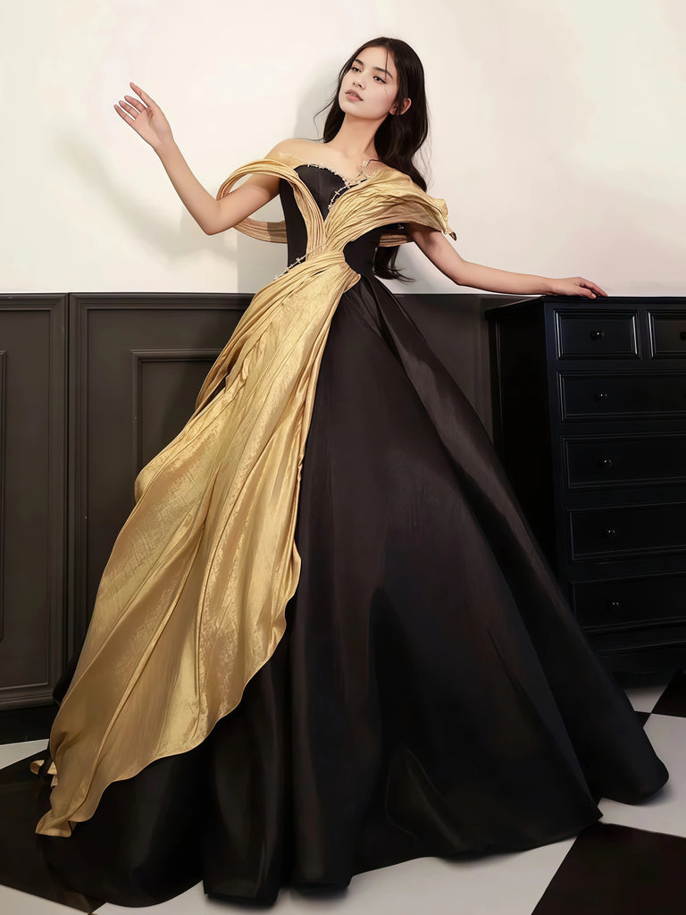 Satin Black & Gold A Line Off The Shoulder Prom Dress Satin Black & Gold A Line Off The Shoulder Prom Dress