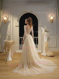 Square Neck Champagne Long Sleeves Lace Wedding Dress