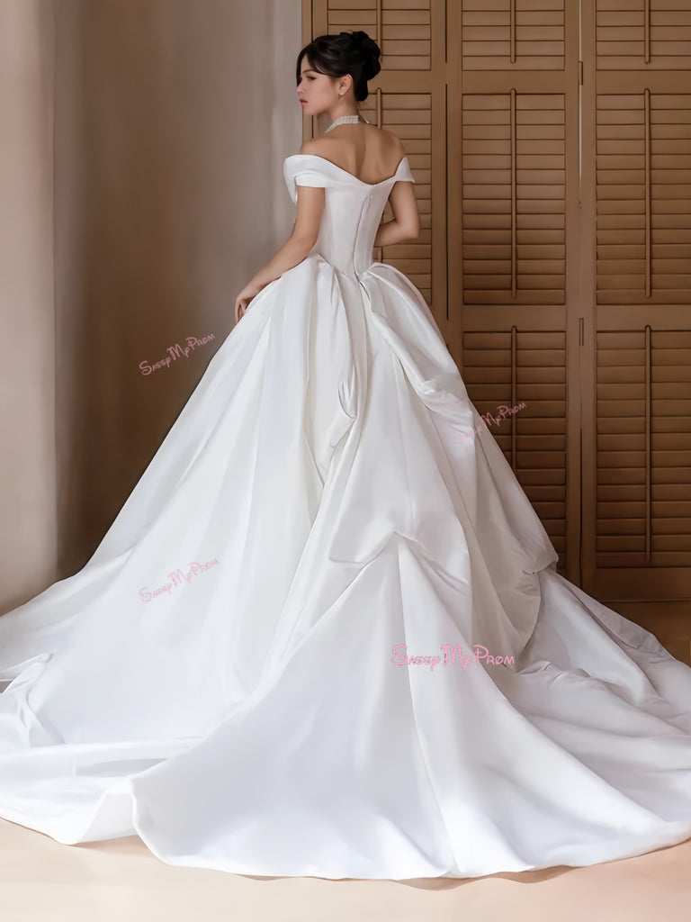 Elegant Long White A-line Off-the-shoulder V-neck Satin Wedding Dress main image 0