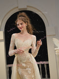 Square Neck Champagne Long Sleeves Lace Wedding Dress