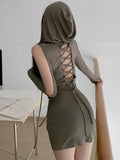 Open-Back Trendy Lace-Up Hooded Mini Dress