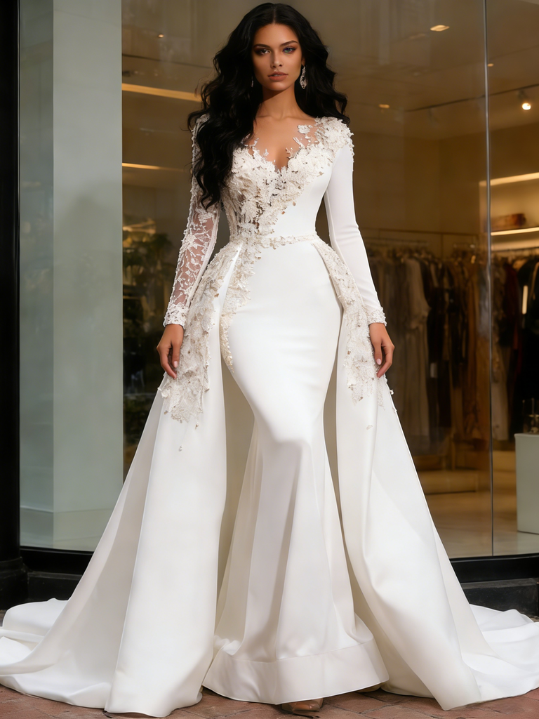 Detachable Train Appliques Beading Long Sleeve Mermaid Wedding Dress – Sassymyprom Detachable Train Appliques Beading Long Sleeve Mermaid Wedding Dress – Sassymyprom