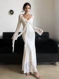 Flared Sleeves Long White Lace Bodycon Dress