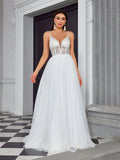 V Neck Sheer Backless Tulle A Line Wedding Dress