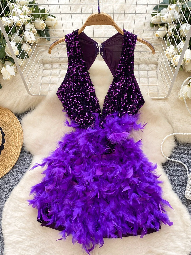 Sparkling Sequins Fluffy Feathers Backless Purple Party Dress 2XL / Green Sparkling Sequins Fluffy Feathers Backless Purple Party Dress 2XL / Green